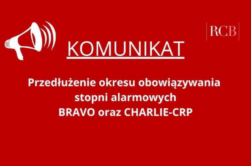 : Biały tekst na czerwonym tle: Komunikat, przedłużenie okresu obowiązywania stopni alarmowych BRAVO oraz CHARLIE-CRP.